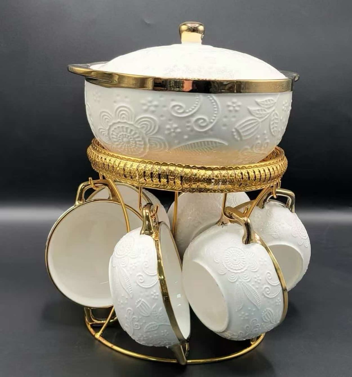 描金雕花陶瓷汤锅吊架套具实拍