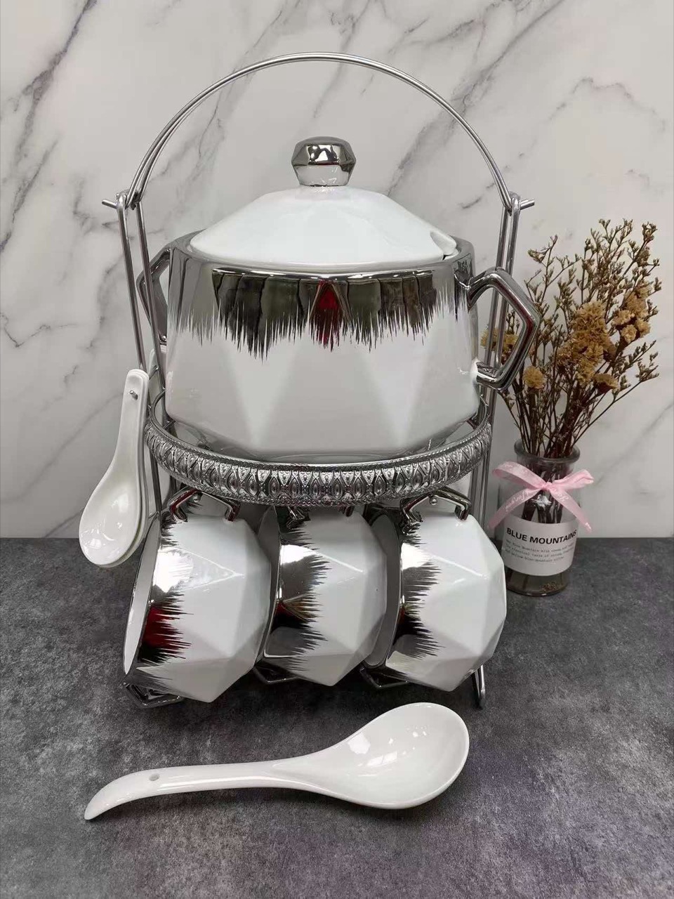 银色菱面提篮汤锅套具实拍
